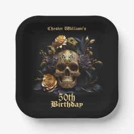 50E BIRTHDAY GOLD SKULL ROOS HALLOWEEN PARTIJ PAPIEREN BORDJE