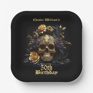 50E BIRTHDAY GOLD SKULL ROOS HALLOWEEN PARTIJ PAPIEREN BORDJE