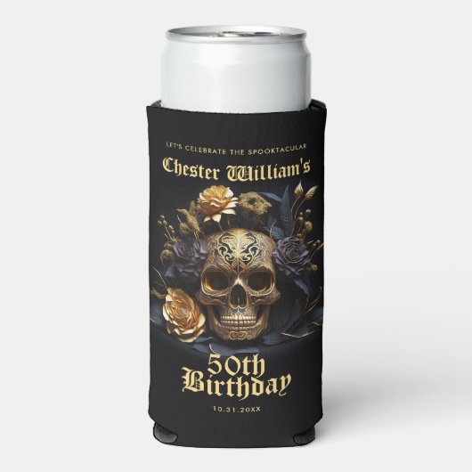 50E BIRTHDAY GOLD SKULL ROOS HALLOWEEN PARTIJ SELTZER BLIKJESKOELER (Seltzer Voorkant)
