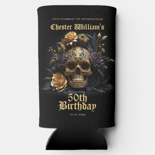 50E BIRTHDAY GOLD SKULL ROOS HALLOWEEN PARTIJ SELTZER BLIKJESKOELER (Achterkant)