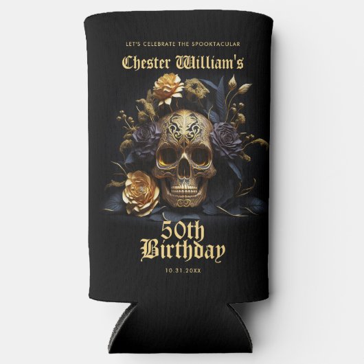 50E BIRTHDAY GOLD SKULL ROOS HALLOWEEN PARTIJ SELTZER BLIKJESKOELER (Voorkant)