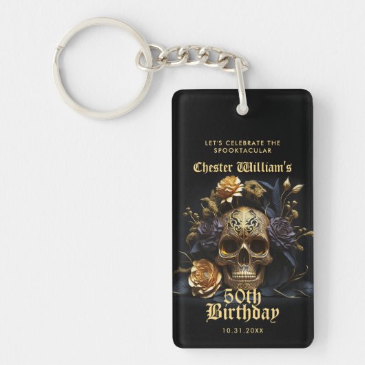 50E BIRTHDAY GOLD SKULL ROOS HALLOWEEN PARTIJ SLEUTELHANGER (Voorkant)