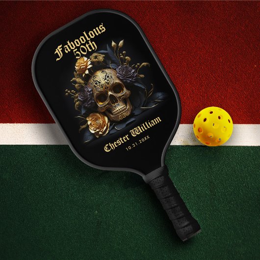 50E BIRTHDAY GOLD SKULL ROOS HALLOWEEN PICKLEBALL PADDLE