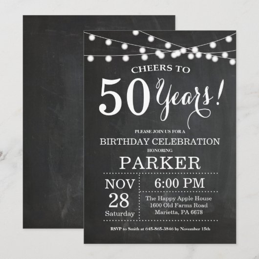 50e Birthday Invitation Chalkboard Kaart (Voorkant / Achterkant)