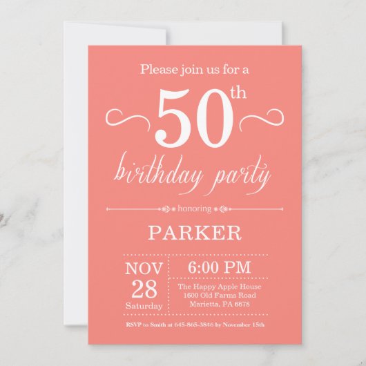 50e Birthday Invitation Coral Kaart (Voorkant)