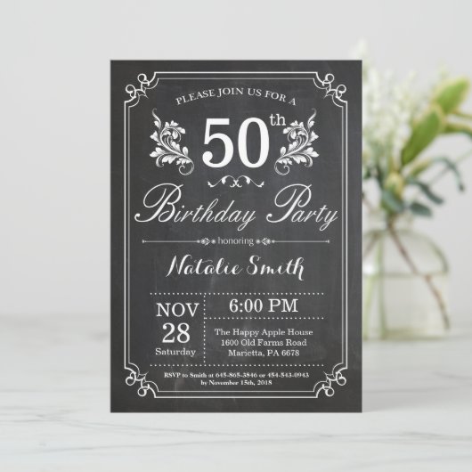 50e Birthday Invitation Floral Chalkboard Kaart (Staand voorkant)