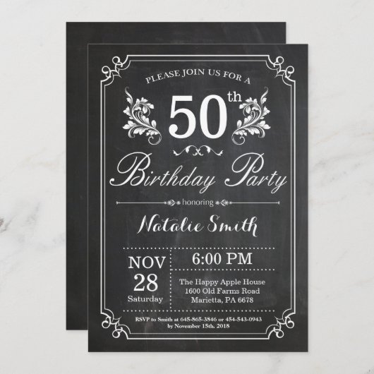 50e Birthday Invitation Floral Chalkboard Kaart (Voorkant / Achterkant)