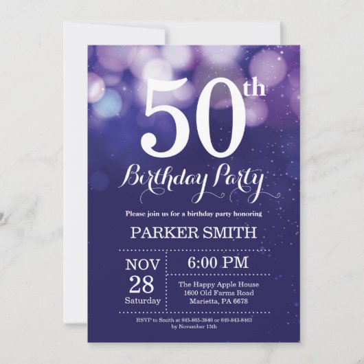 50e Birthday Invitation Navy Blue Kaart (Voorkant)