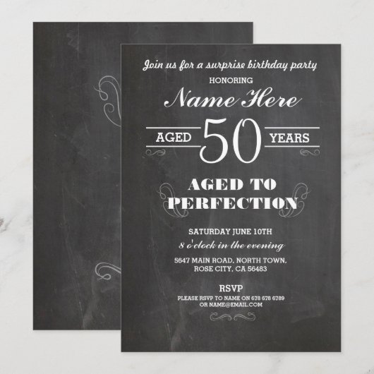 50E BIRTHDAY PARTY CHALKBOARD SURPRISE INVITE KAART (Voorkant / Achterkant)