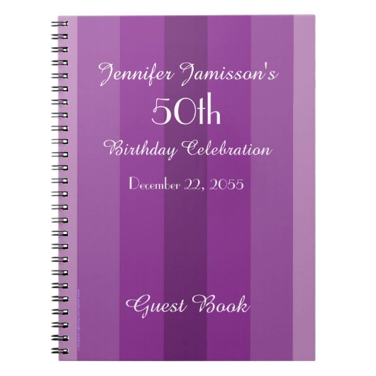 50e Birthday Party Guest Book Paars Stripe Notitieboek (Voorkant)