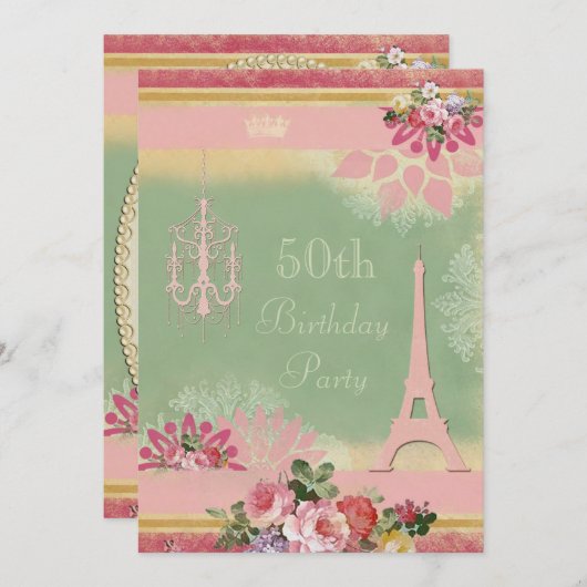 50e Birthday Pink Eiffel Tower en Chandelier Kaart (Voorkant / Achterkant)