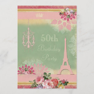 50e Birthday Pink Eiffel Tower en Chandelier Kaart
