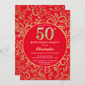 50e Birthday Red en Gold Floral Pattern Kaart (Voorkant / Achterkant)