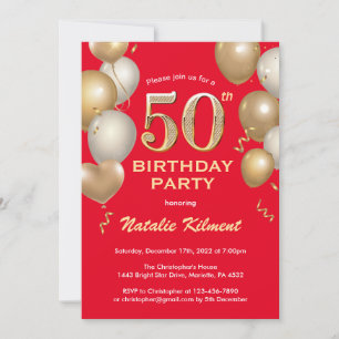 50e Birthday Red en Gold Glitter Balloons Kaart