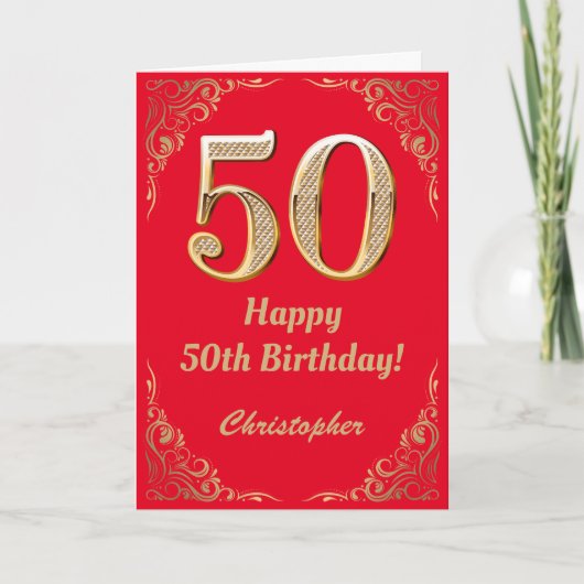 50e Birthday Red en Gold Glitter Lijst Kaart (Voorkant)