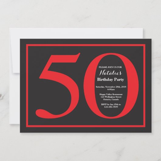 50e Birthday Red en zwart karton Kaart (Voorkant)