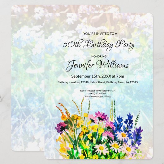 50e Birthday-uitnodiging wilde bloemen Kaart (Voorkant / Achterkant)