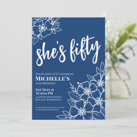 50e blauwe verjaardagsfeestje kaart (Staand voorkant)