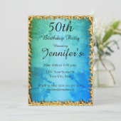 50e Blue Blauwgroen Birthday Party Invitation Kaart (Staand voorkant)