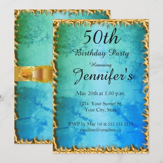 50e Blue Blauwgroen Birthday Party Invitation Kaart (Voorkant / Achterkant)