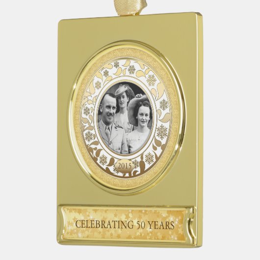 50e bruiloft Golden Jubileum Photo Template 2 Verguld Banner Ornament (Links)
