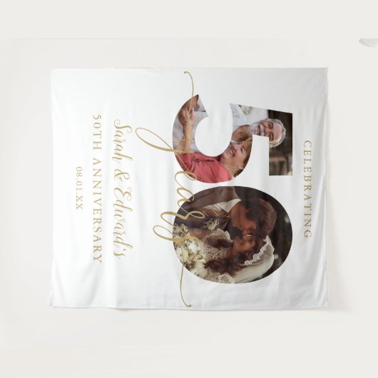 50e bruiloft Jubileum 2 foto achtergrond Wandkleed (Voorkant (horizontaal))