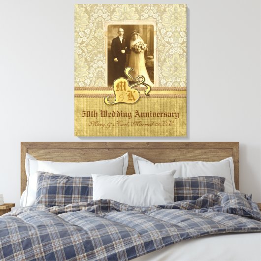 50e bruiloft Jubileum Antiek Damask Gold Canvas Afdruk (Insitu (Slaapkamer))