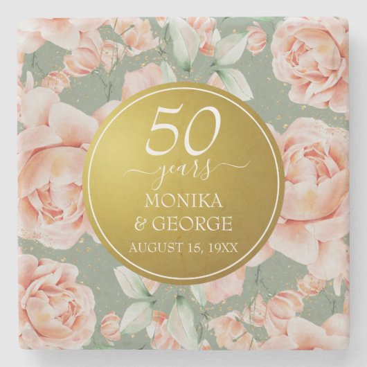 50e bruiloft Jubileum Bloemengoud Stenen Onderzetter (Voorkant)