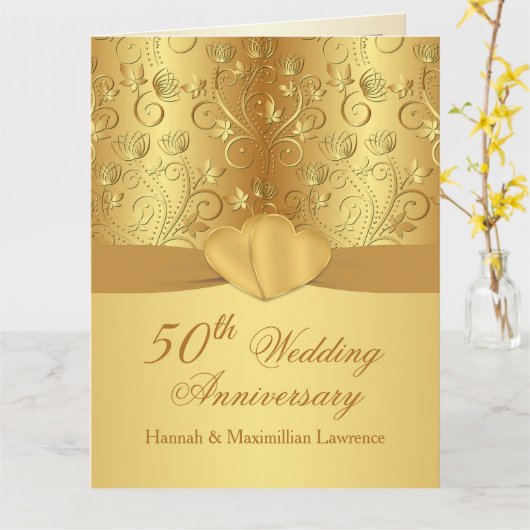 50e bruiloft Jubileum Bloemengouden harten Kaart (Gele Bloem)