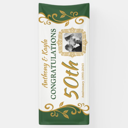 50e bruiloft Jubileum donkergroen goud bloeien Spandoek (Verticaal)