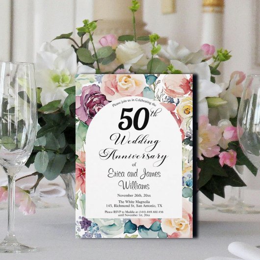50e bruiloft Jubileum Elegant Script Floral Kaart