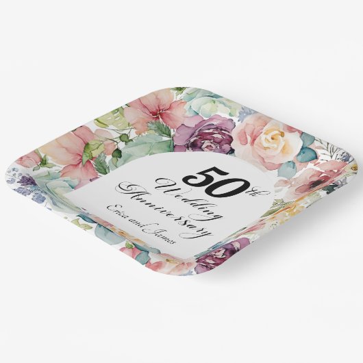 50e bruiloft Jubileum Elegant Script Floral Papieren Bordje (Gebogen)