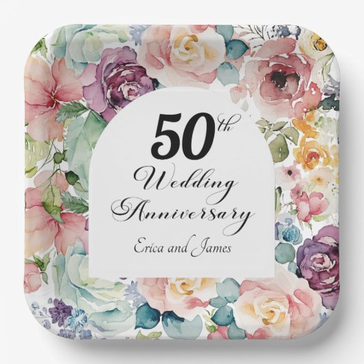 50e bruiloft Jubileum Elegant Script Floral Papieren Bordje (Voorkant)