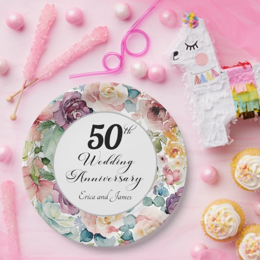50e bruiloft Jubileum Elegant Script Floral Papieren Bordje (Feest)