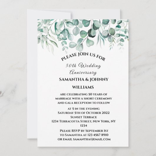 50e bruiloft Jubileum Eucalyptus Botanical Kaart (Voorkant)