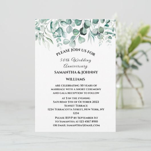 50e bruiloft Jubileum Eucalyptus Botanical Kaart (Staand voorkant)