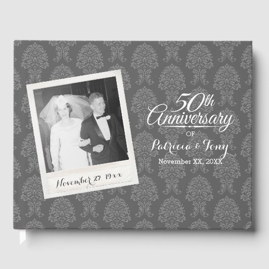50e bruiloft Jubileum foto Damask Pattern Gastenboek (Voorkant)