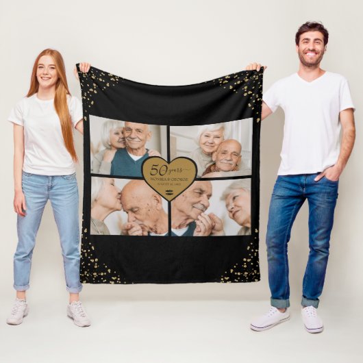 50e bruiloft Jubileum foto gouden glitter hart Fleece Deken (In situ)