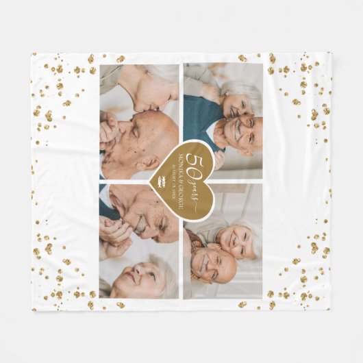 50e bruiloft Jubileum foto gouden glitter hart Fleece Deken (Voorkant (Horizontaal))