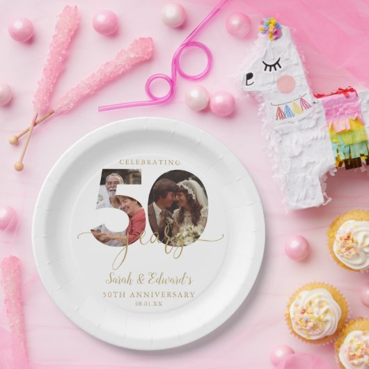 50e bruiloft Jubileum Gold 2 foto Papieren Bordje (Feest)