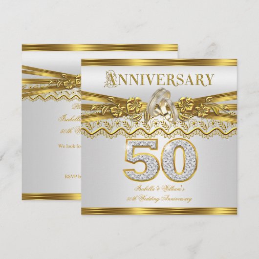50e bruiloft Jubileum Gold Rings White Kaart (Voorkant / Achterkant)