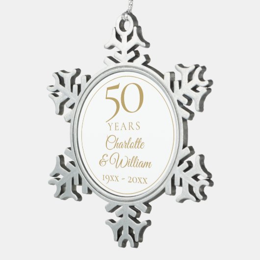 50e bruiloft Jubileum Gold Script Tin Sneeuwvlok Ornament (Rechts)