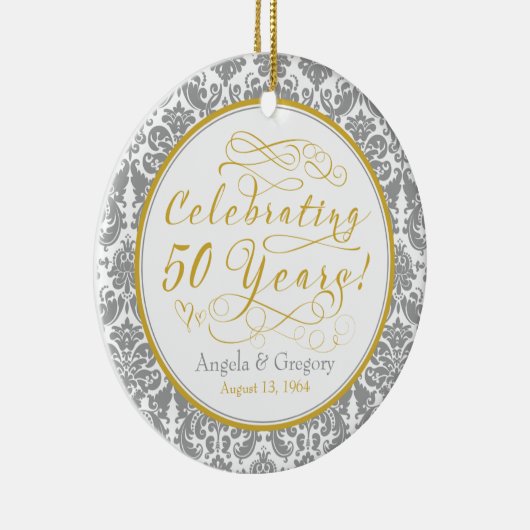 50e bruiloft Jubileum Gold Silver Damask Hearts Keramisch Ornament (Rechts)