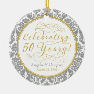 50e bruiloft Jubileum Gold Silver Damask Hearts Keramisch Ornament