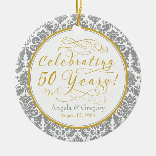 50e bruiloft Jubileum Gold Silver Damask Hearts Keramisch Ornament (Voorkant)