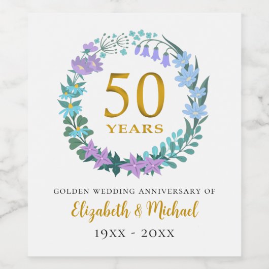 50e bruiloft Jubileum Golden Bluebells krans Wijn Etiket (Enkel label)