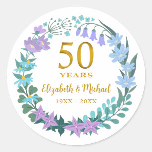 50e bruiloft Jubileum Golden Floral Bluebells Ronde Sticker