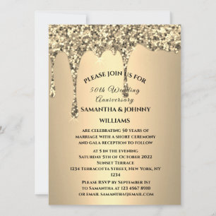 50e bruiloft Jubileum Golden Glitter Drip Kaart