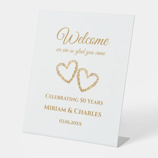 50e bruiloft Jubileum Golden Heart Welkomstbord Reclamebord Met Voetstuk (Voorkant)