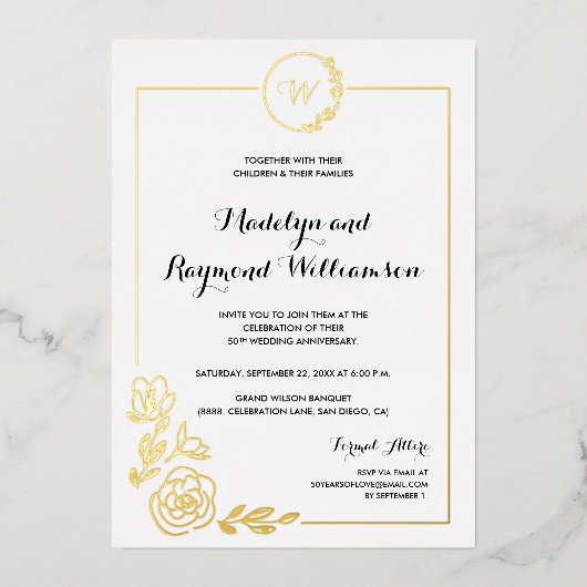 50e bruiloft Jubileum Golden Wreath Monogram Folie Uitnodiging (Voorkant)